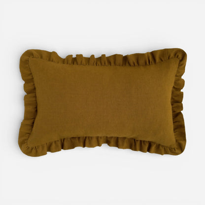 Mustard yellow linen frill cushion cover