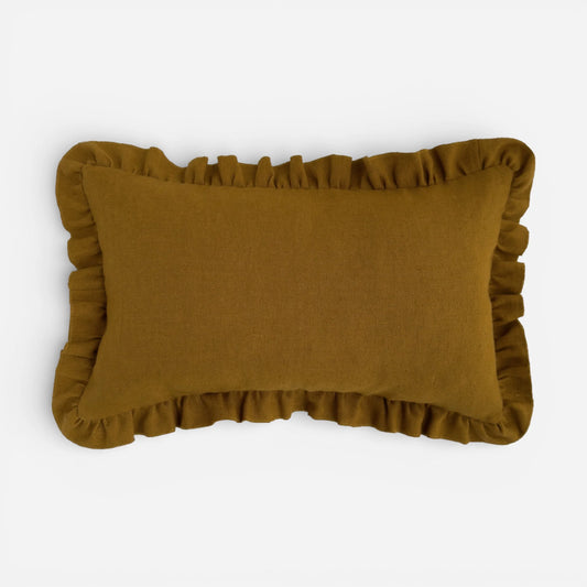 Mustard yellow linen frill cushion cover
