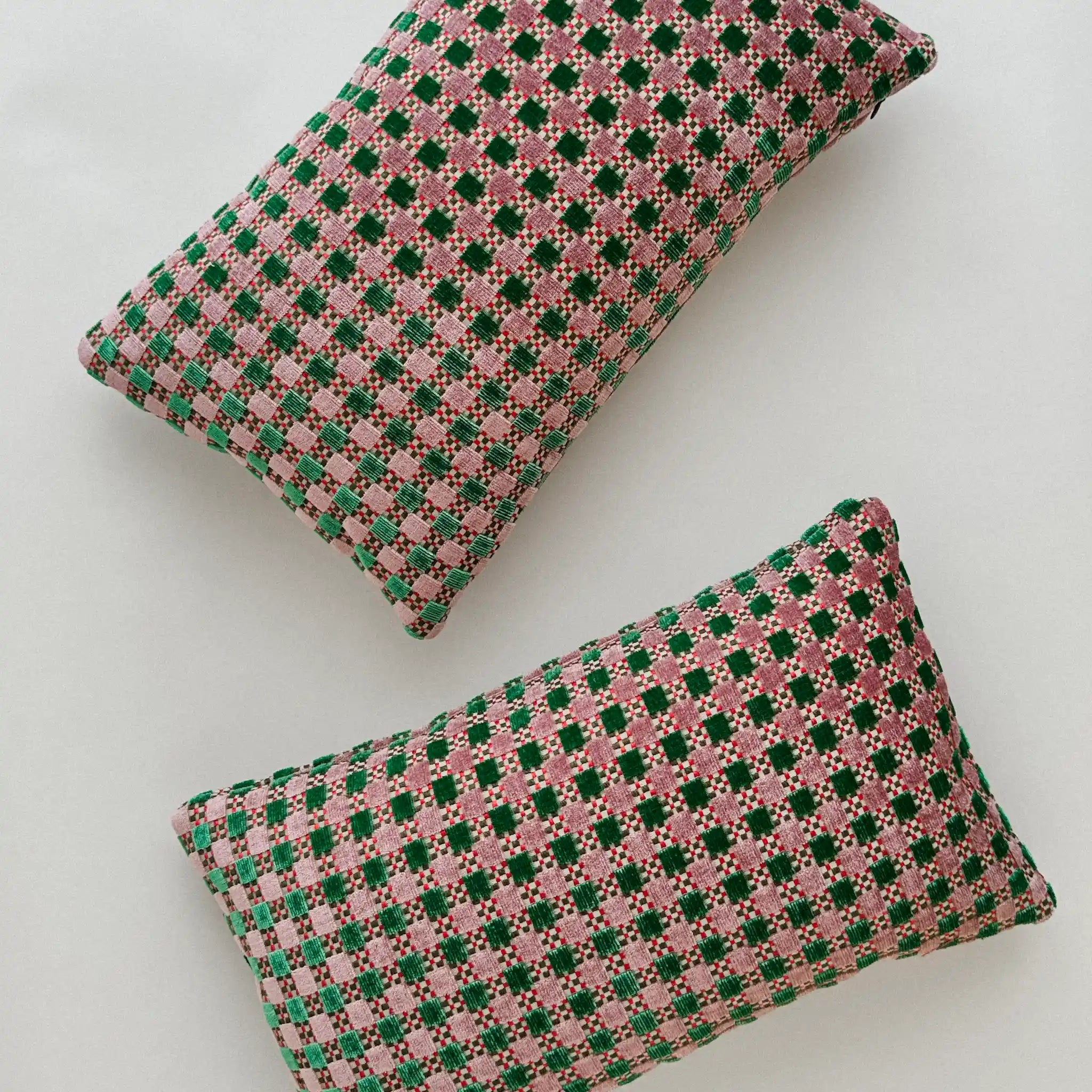 Cushions in Nina Campbell Theodora velvet in Jade and Pink colourway