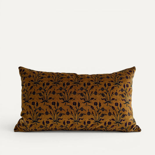 Floral velvet cushion cover in ochre