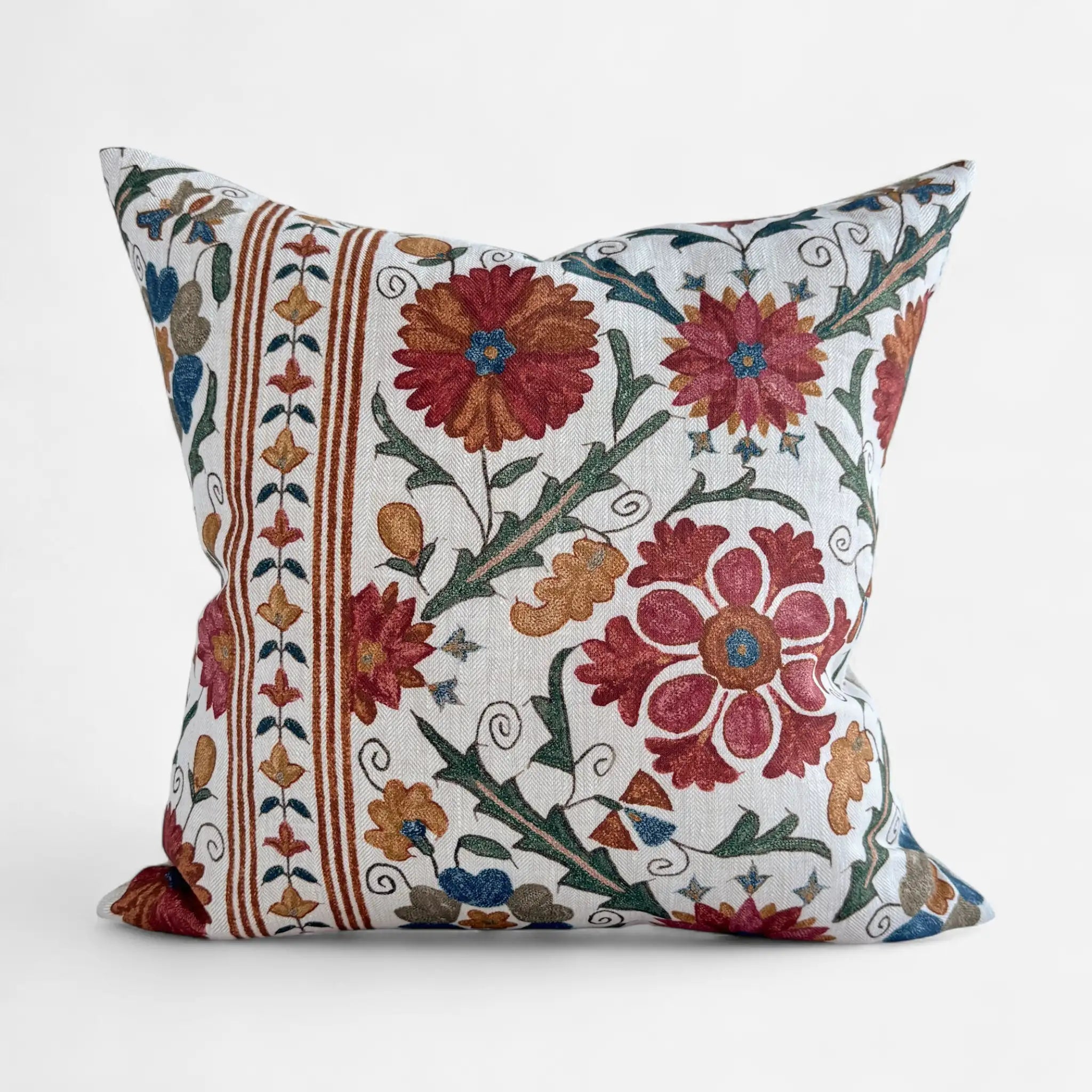 Floral Suzani linen cushion cover with red and multicolour motifs