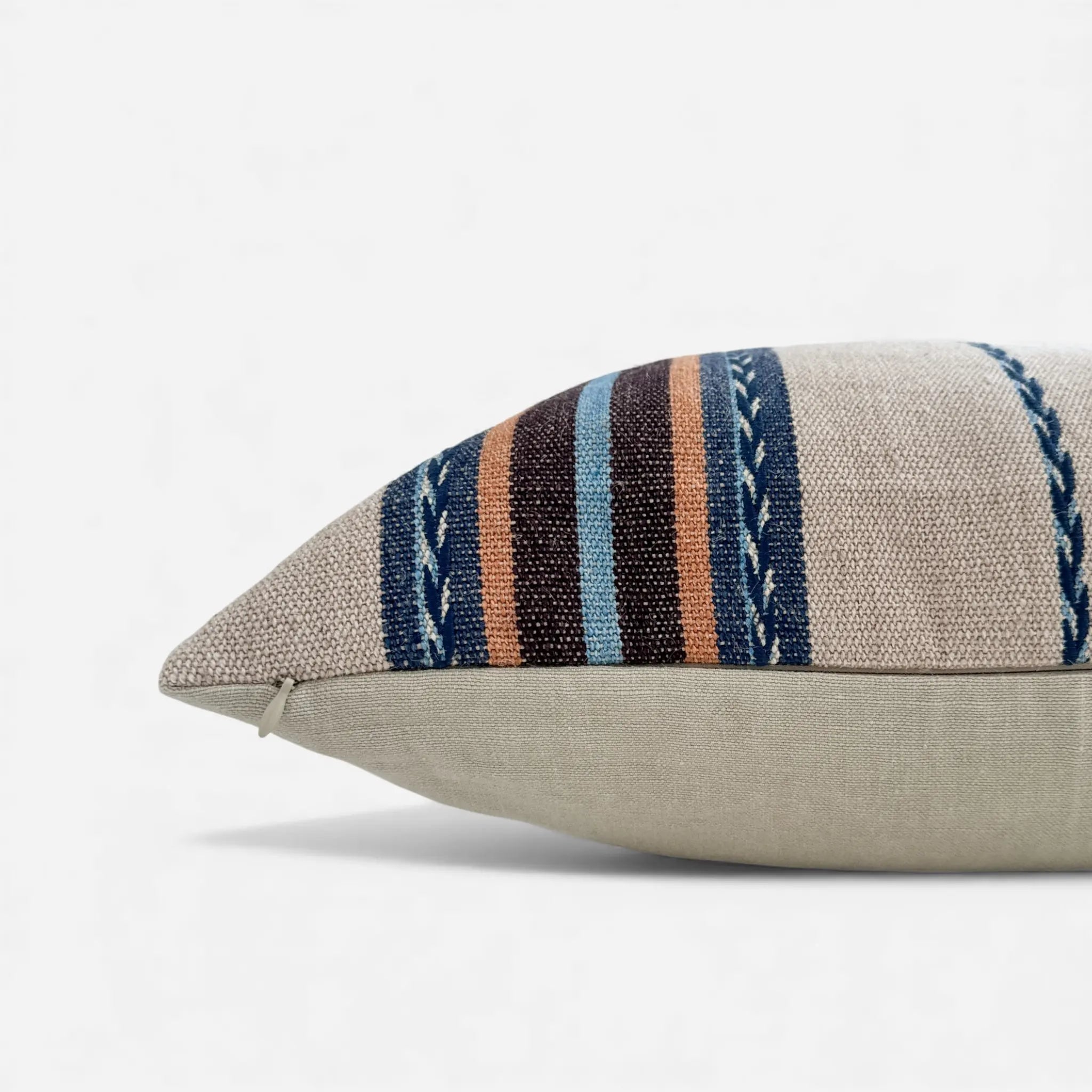 Side view of striped cotton and jute cushion cover with colourful stripes