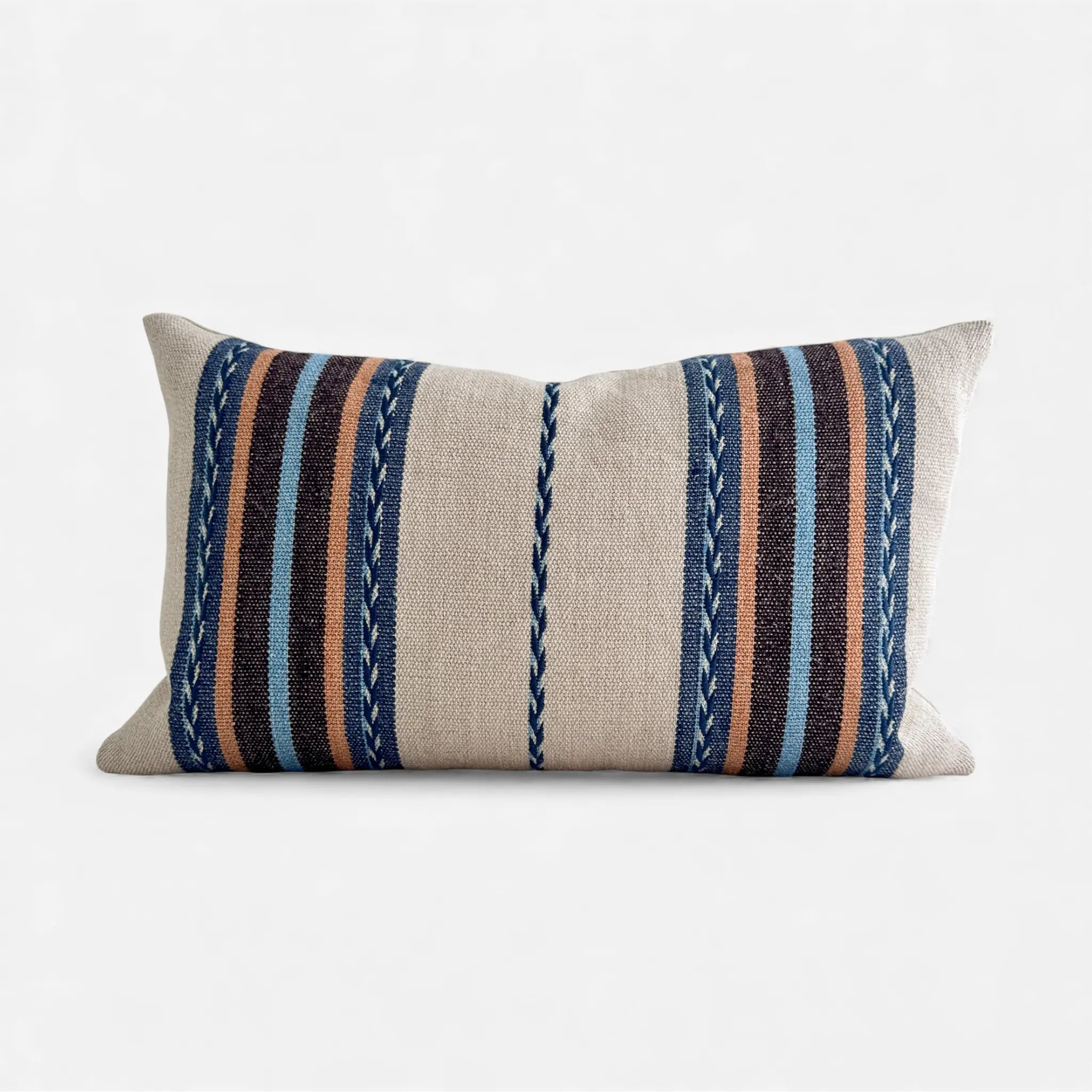 Neutral boho cushion cover with blue and brown stripes in Morris & Co fabric