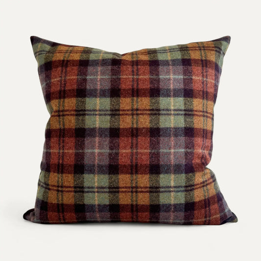 Wool plaid cushion cover in red and green